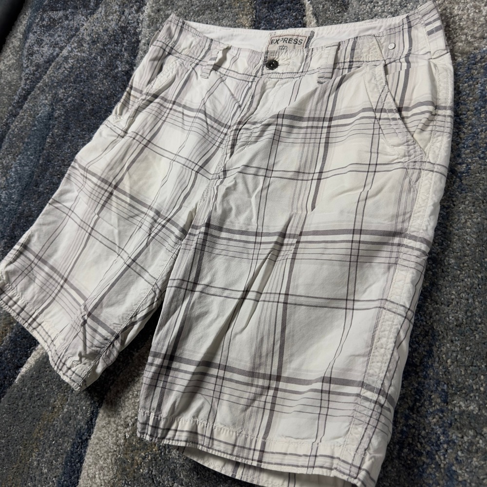Express‎ Plaid Cargo Shorts Mens 32 White Grey Casual Summer Gorpcore